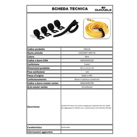 Fascette fermacavi a strappo con asola DURABLE CAVOLINE GRIP TIE 20x1 cm nero Conf. 5 pezzi - 503601